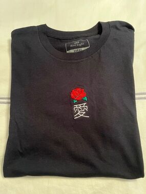 Men’s Black Tee with Embroidered Red Rose